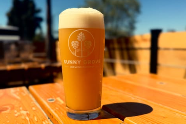 Sunny Grove beer glass on wooden picnic table outdoors